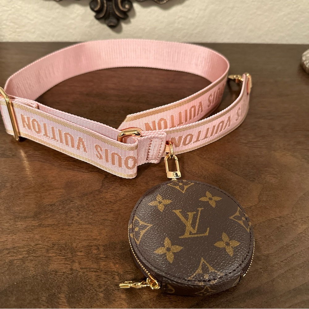 Louis Vuitton Brown Monogram Round Coin Pouch with Pink Logo Strap